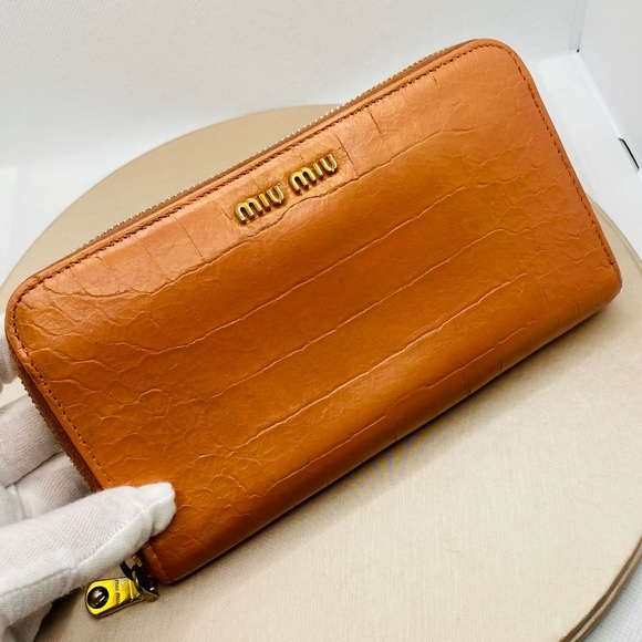 Miu Miu Handbags - Miu Miu Iridescent Orange Croc Embossed Leather Long Zip Wallet